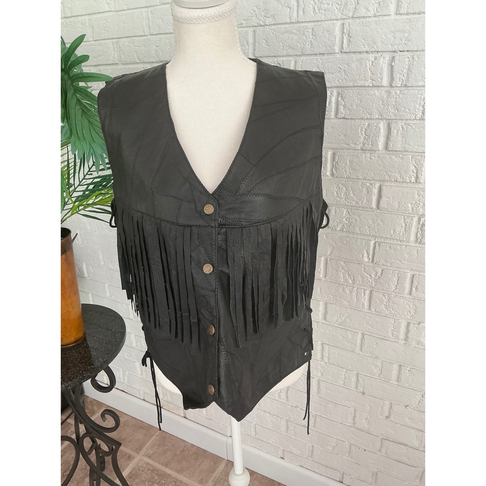 Canyon Creek Leather Vest Women M Black Excellent Fringe Patchwork Biker Boho